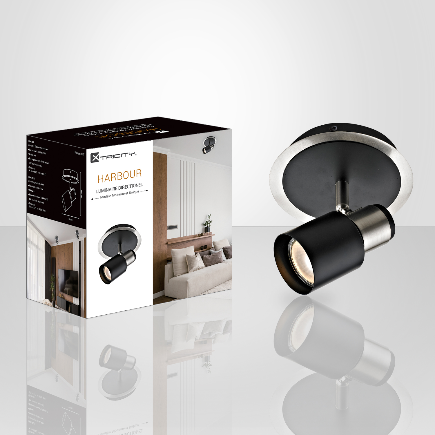 Luminaire directionnel «HARBOUR» Nickel brossé et Noir mat