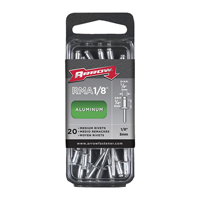 Rivet en aluminium 1/8 po, plage de serrage de 1/4 po «Arrow» (pqt 20)